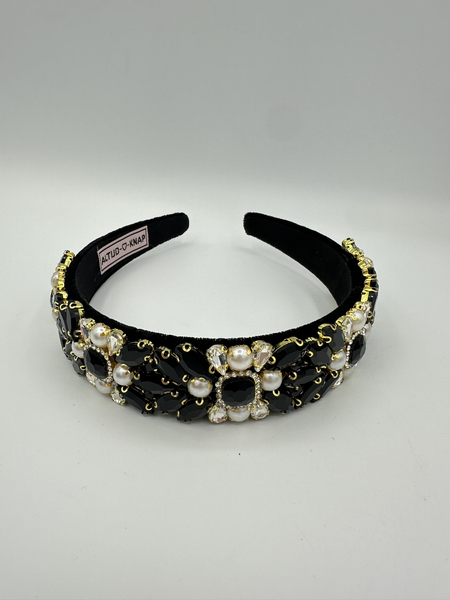 Dames haarband zwarte haarband met parels Royal Charm black voorkant