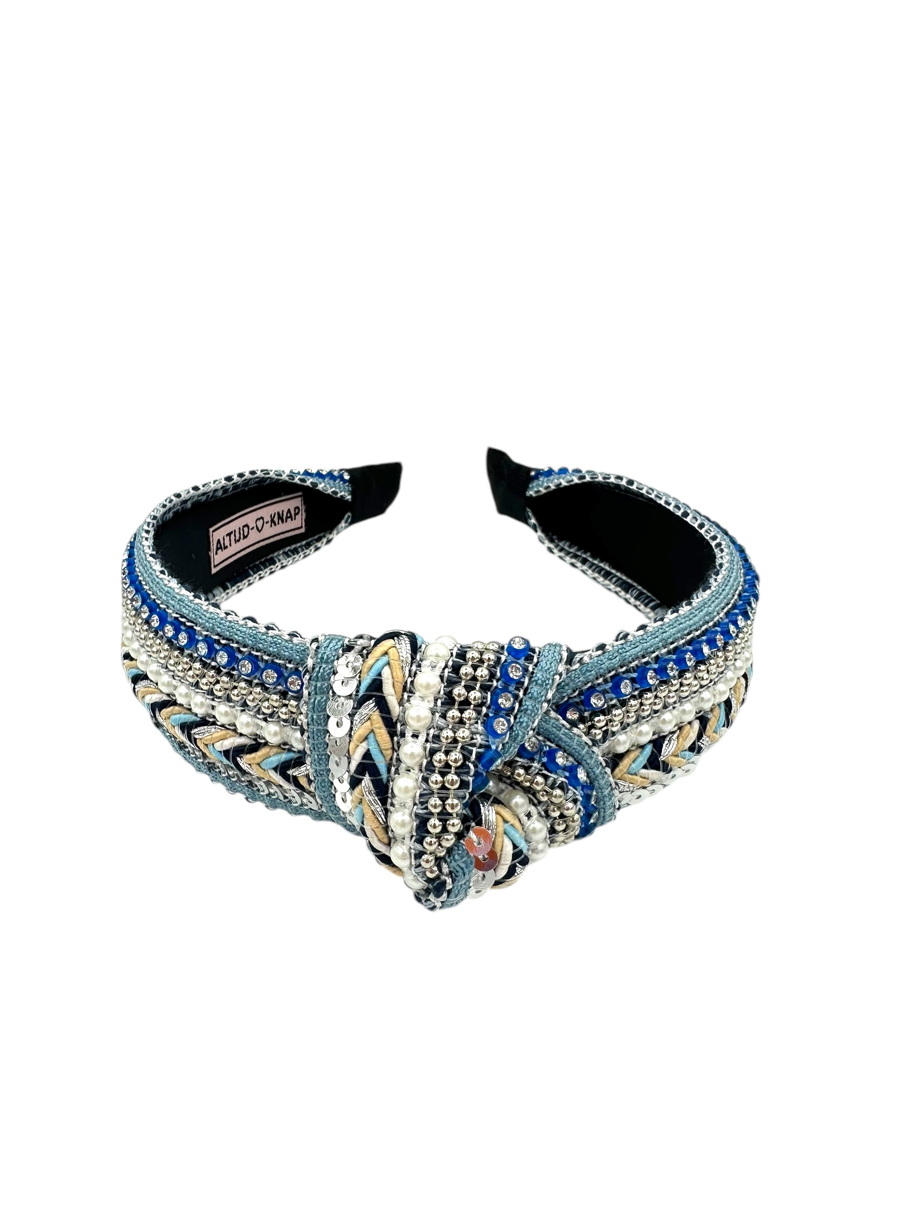 Dames Haarband Denim Love Blauwe haarband met parels en strass voorkant