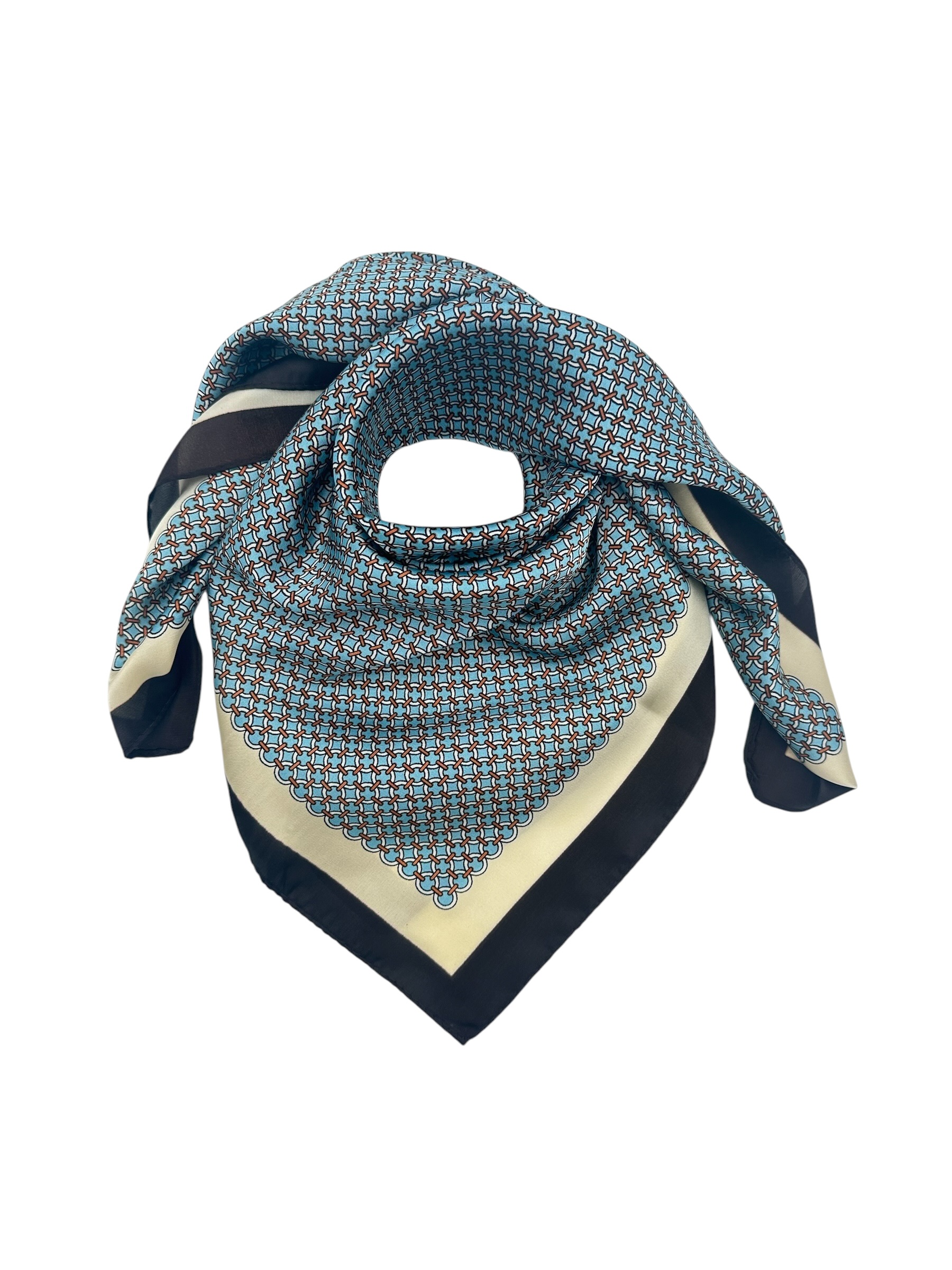 Dames Sjaaltje Blauw Beige Geometische Print satijn vierkant in model
