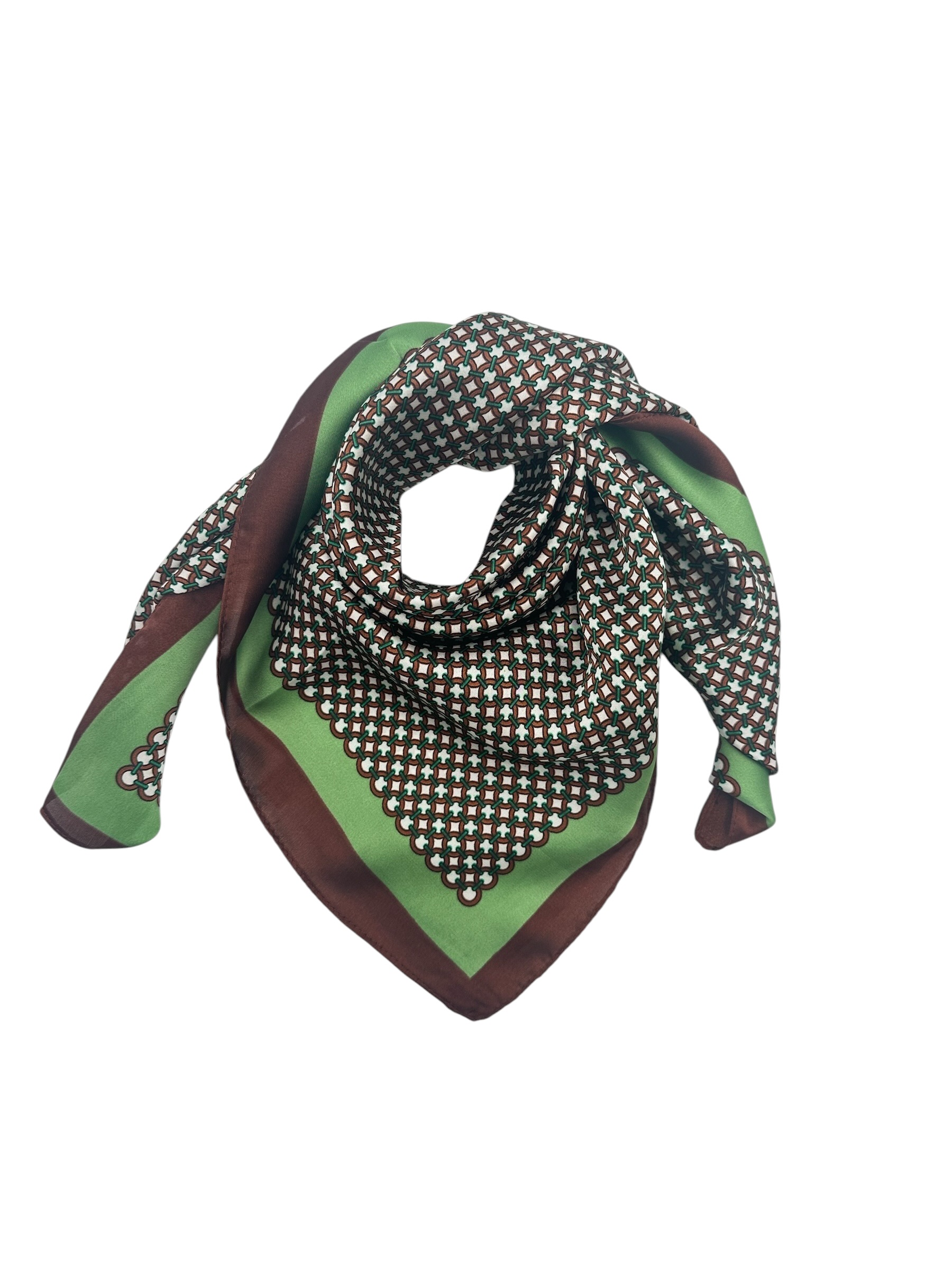 Dames Sjaaltje Bruin Groen Geometische Print satijn vierkant in model